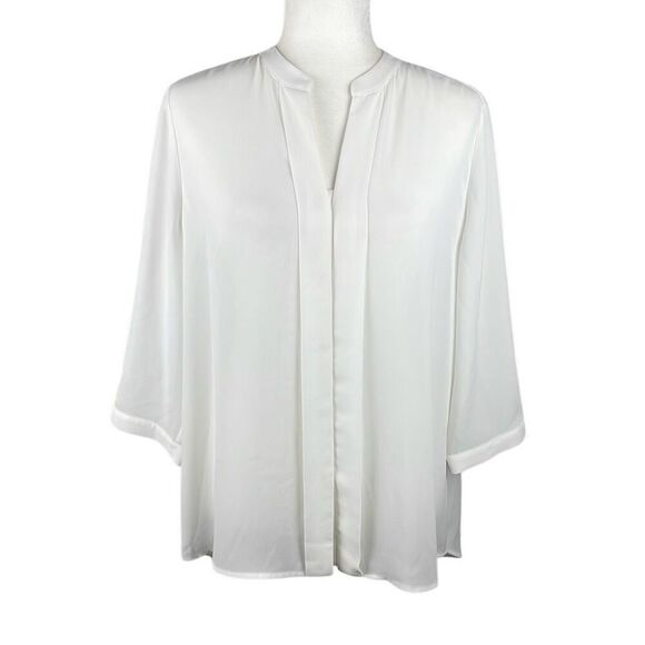 Chico’s Metallic Pleats Tenna II 3/4 Sleeve Blouse 1 Optic White Silver - Picture 2 of 16